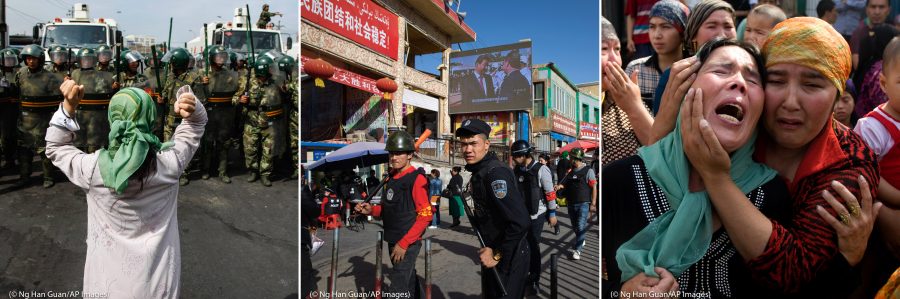 امرأة من الإيغور تتظاهر أمام مجموعة من رجال الشرطة العسكرية، ومدنيون مسلحون يقومون بدوريات في المنطقة الواقعة خارج السوق في هوتان